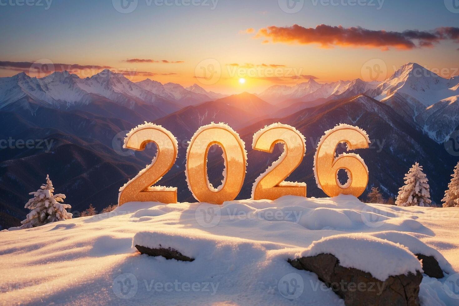 2026 number for new year sunrise with snow mountain Generative Al photo