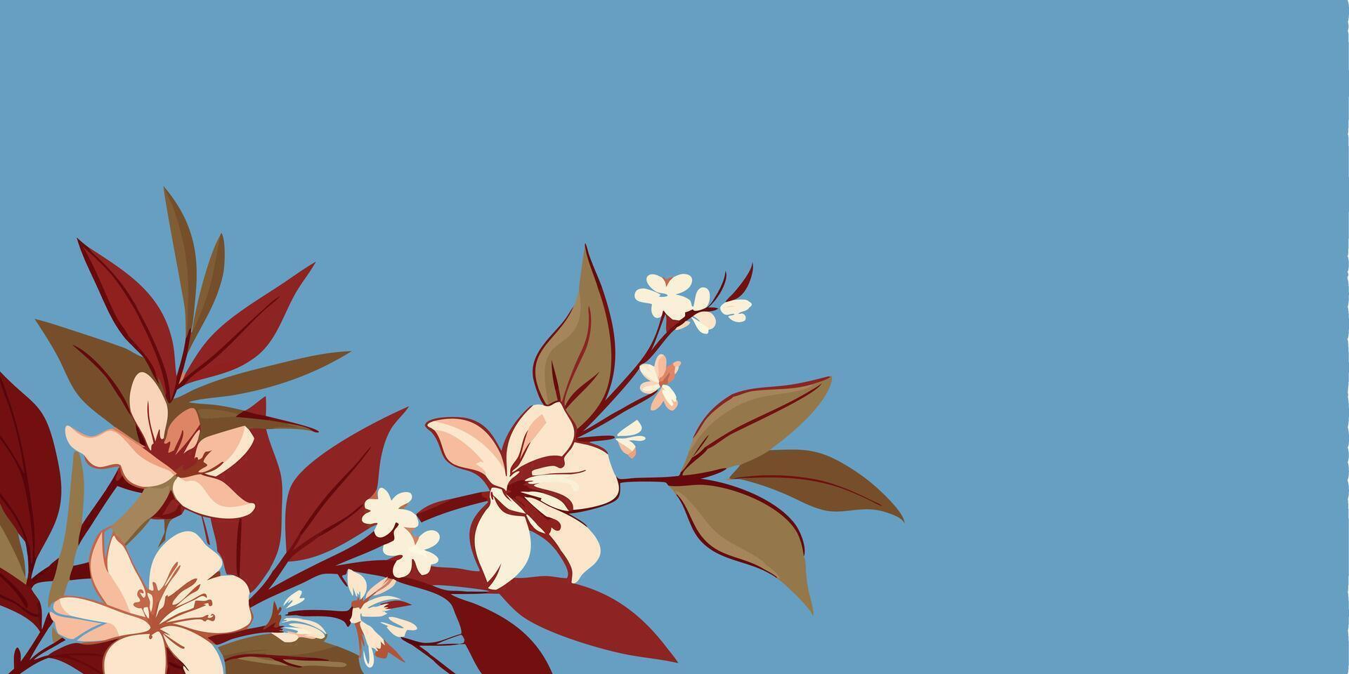 A blue background with flowers and leaves vector
