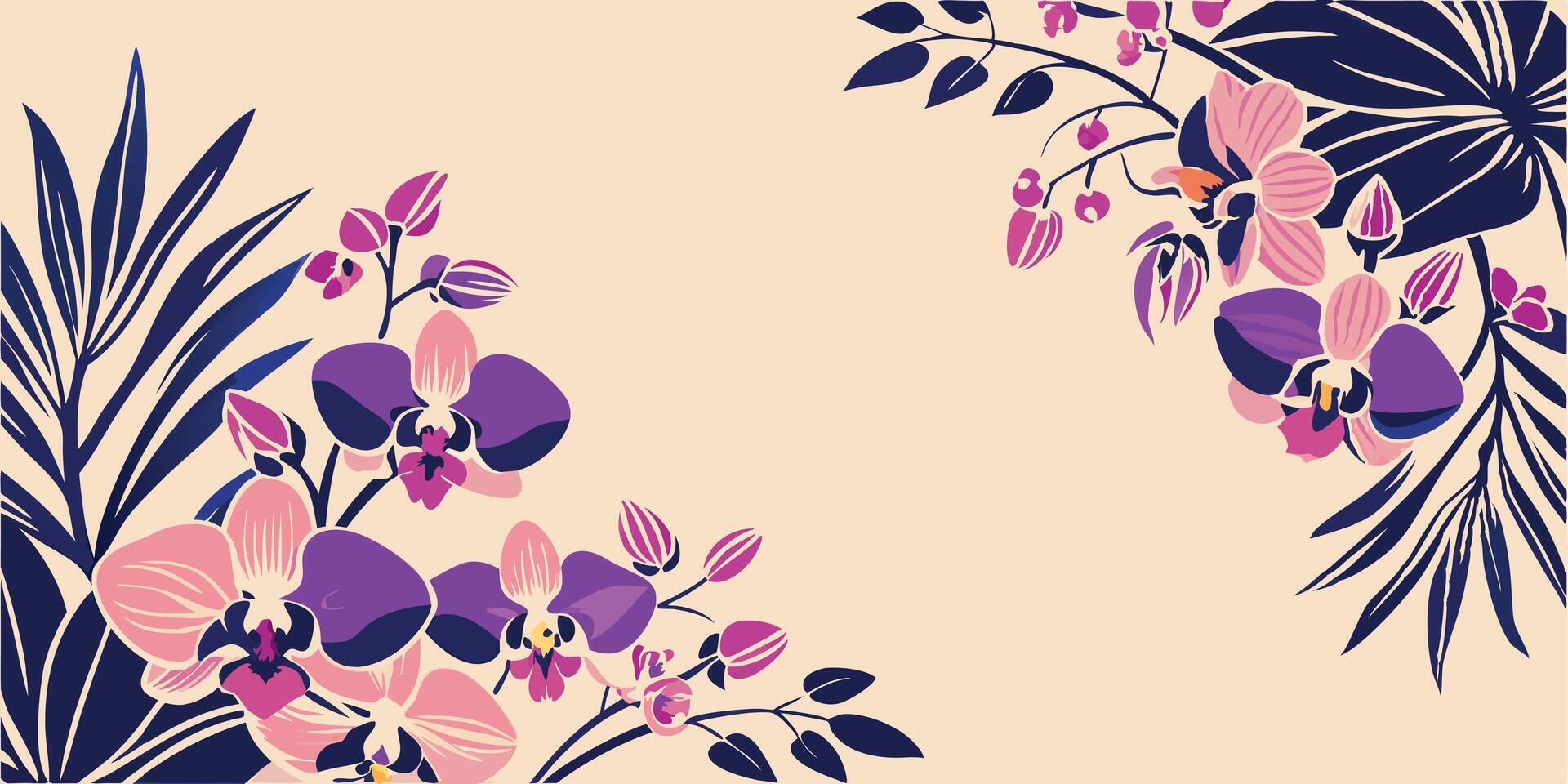 An illustration of purple orchids and leaves vector