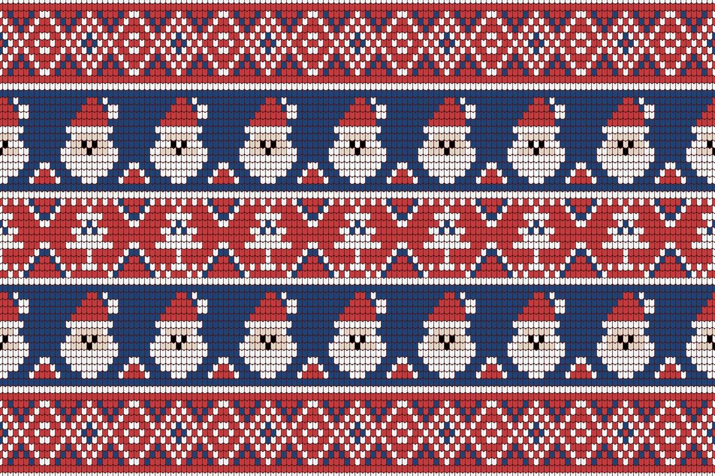 Knitting christmas tree seamless pattern geometric, santa, flower ornament. Fabric Seamless pattern. illustration. Ikat ethnic oriental embroidery,Aztec style,baroque.design for texture,clothing vector