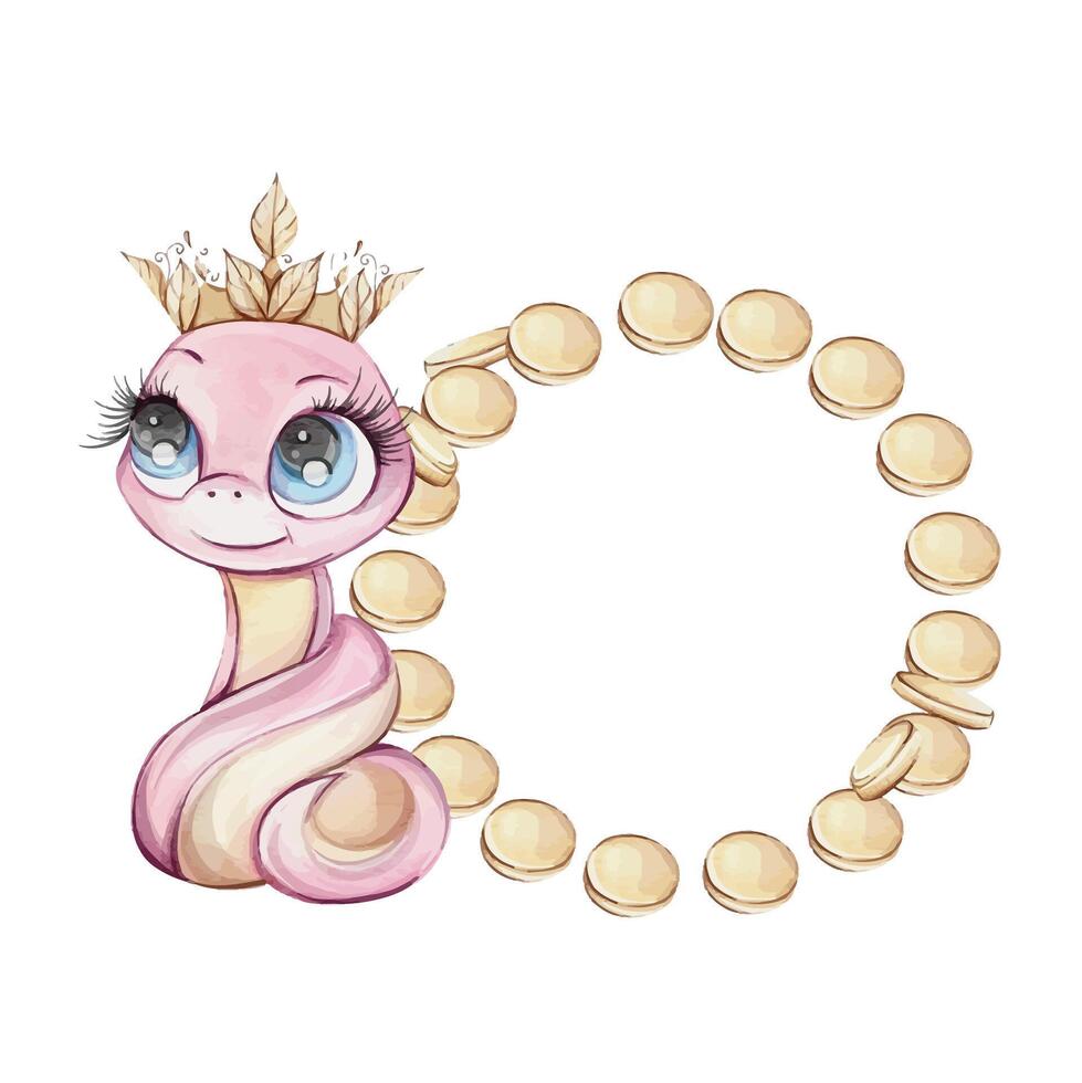 A cute cartoon snake with a crown, surrounded by gold coins, perfect for whimsical designs and celebrations vector