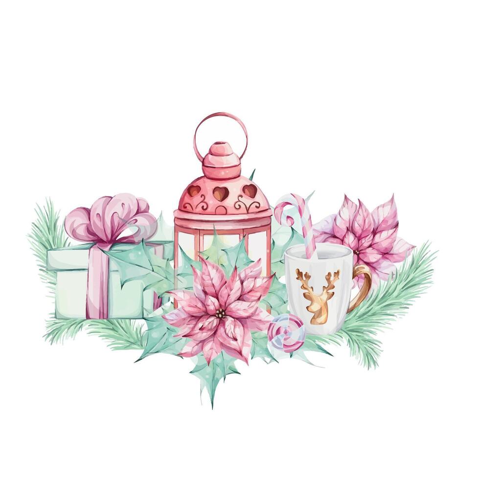 Watercolor Christmas arrangement red lantern with Red poinsettia and holly green leaves and mug, isolated. Romantic retro style. Winter festive decor. Hand drawn watercolor illustration isolated on white background. clip art vector
