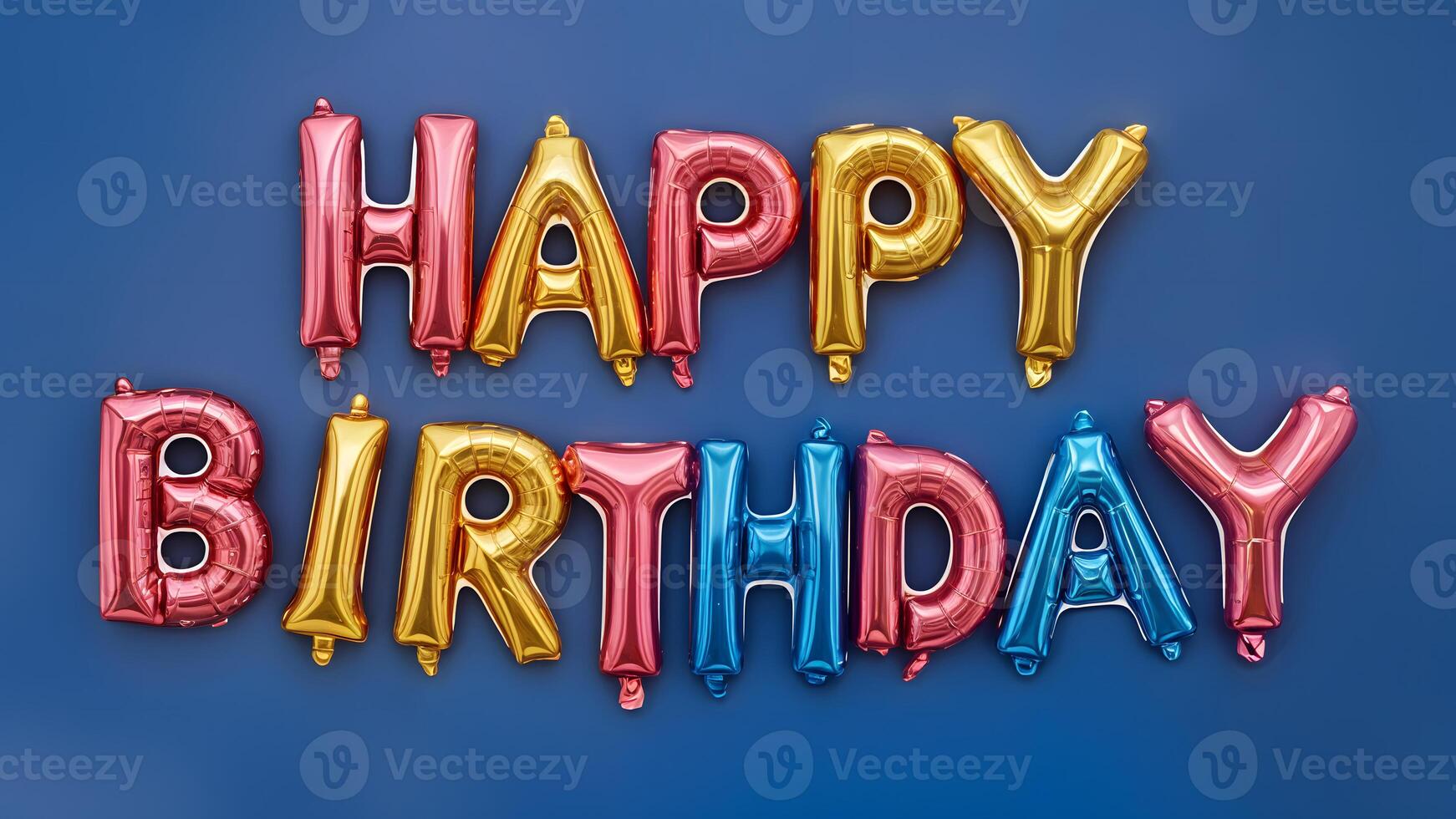 Colorful and Shiny HAPPY BIRTHDAY Balloon Letters on a Solid Blue Background Capturing the Festive and Joyful Essence of Birthday Celebrations with Vibrant Metallic Colors and Fun Balloon photo