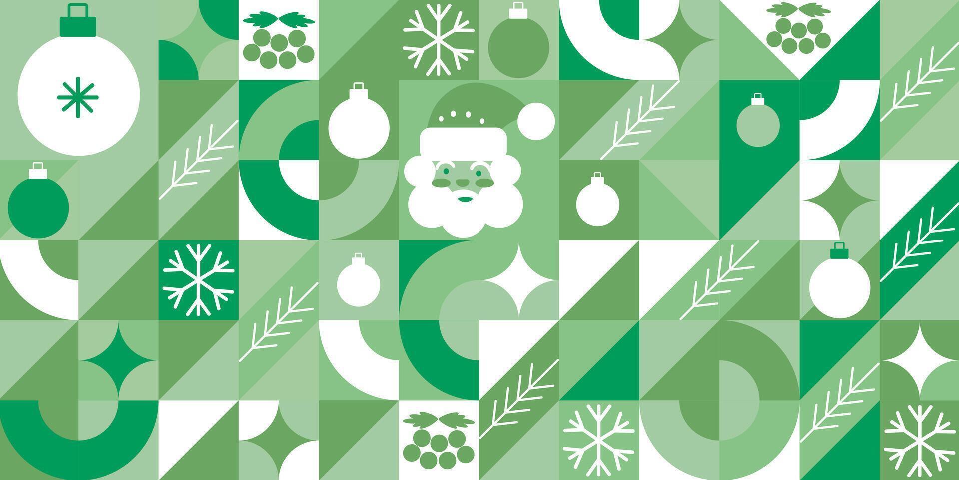 Abstract Christmas geometric bauhaus pattern. seamless background of geometry ornament with Xmas holiday mosaic. Christmas tree, gift, Santa and snowman, snowflake and stocking bauhaus pattern vector
