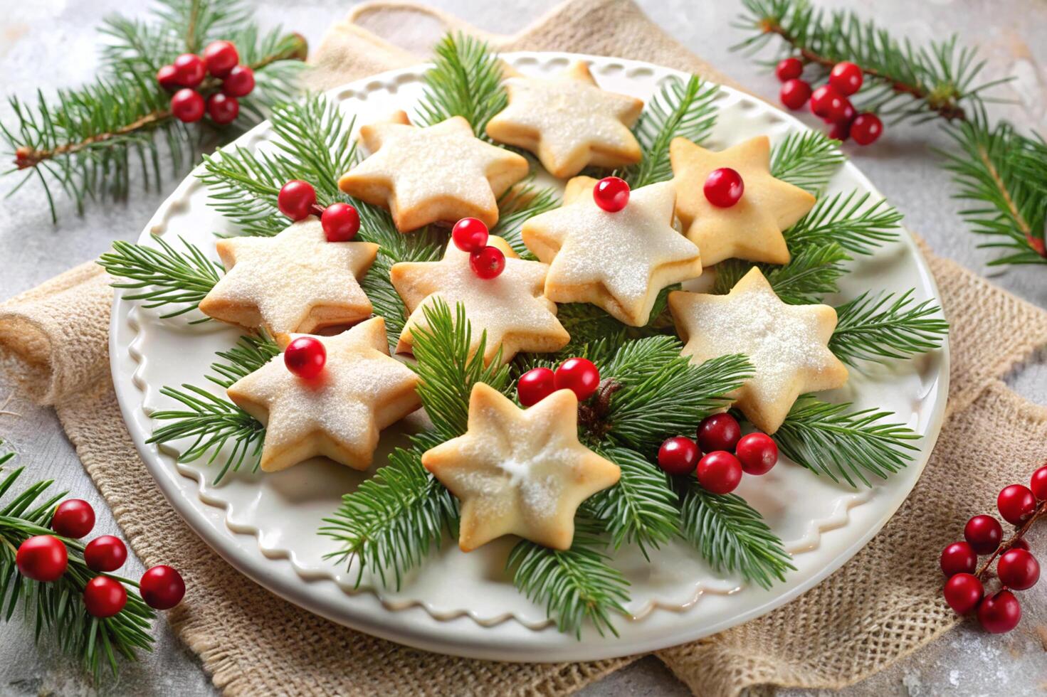 Christmas cookies on a plate with fir branches and berries photo