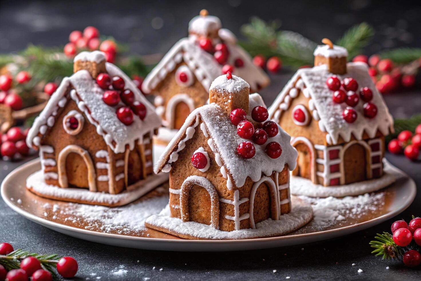 Festive gingerbread houses on a white ceramic plate photo