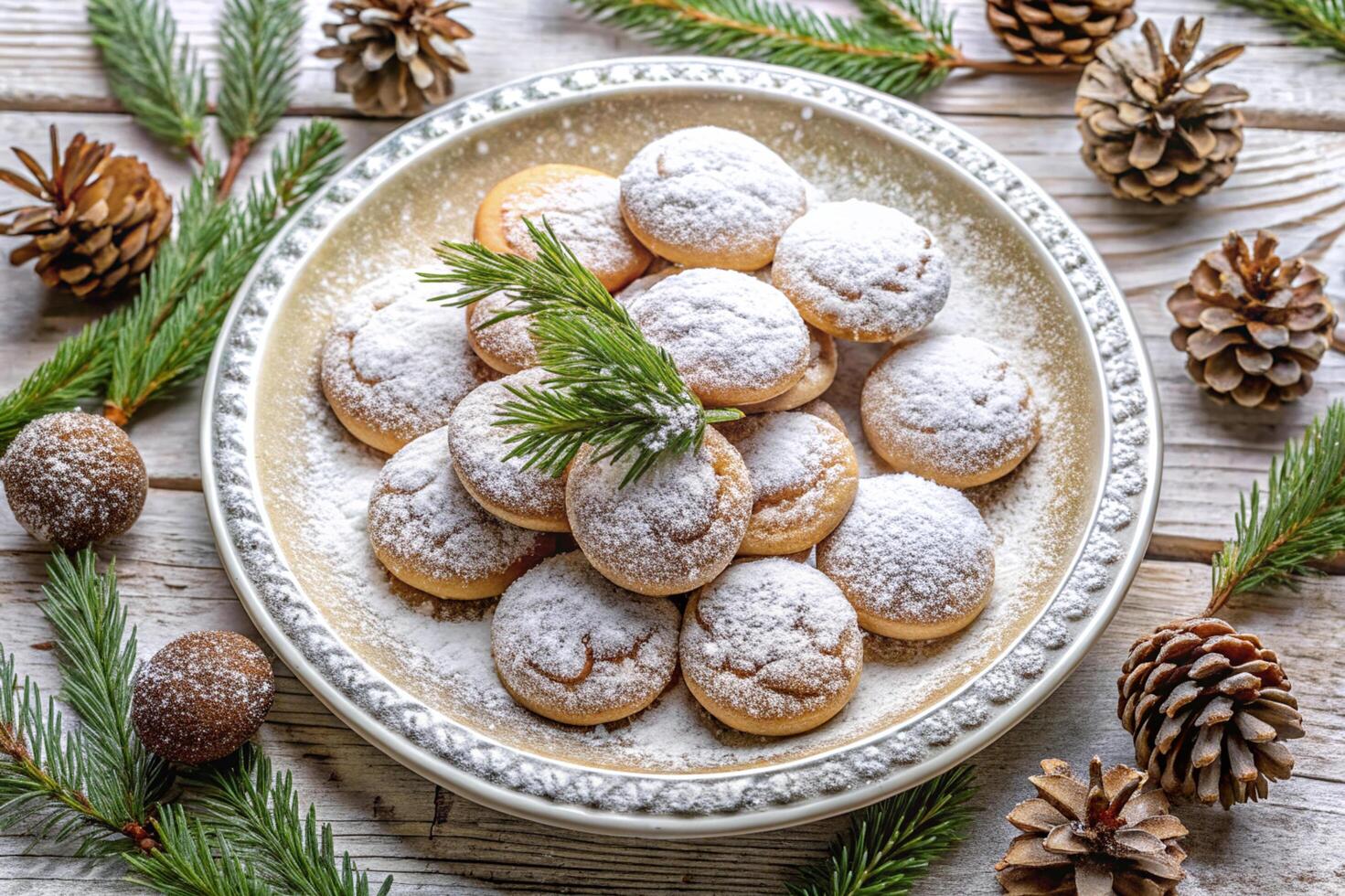 Christmas cookies on a plate with pine cones and fir branches photo