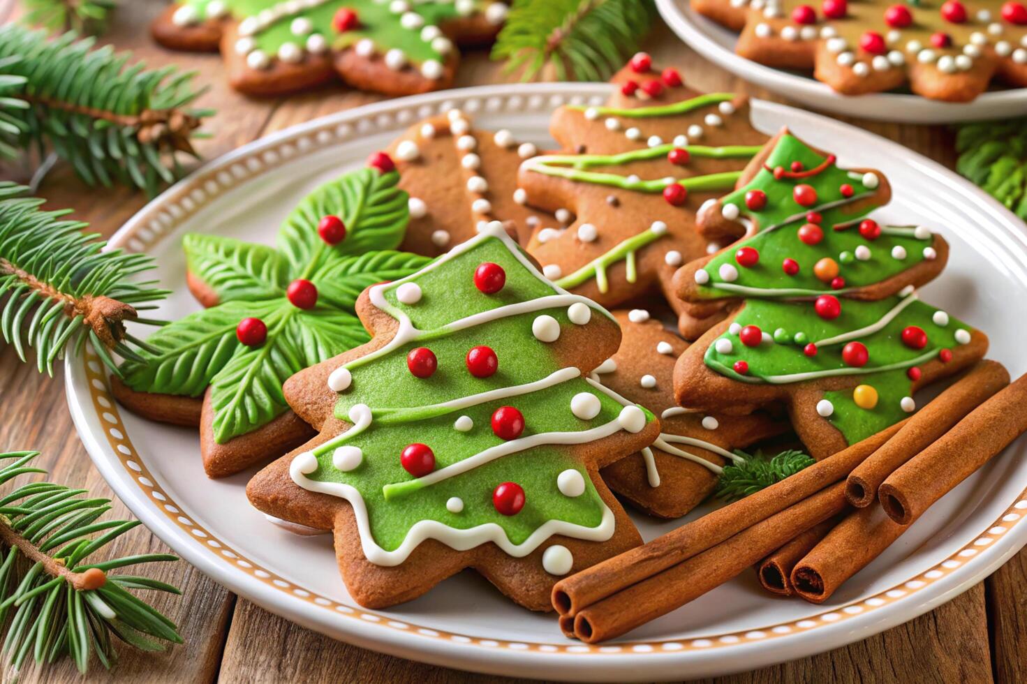 Christmas cookies on a plate with cinnamon sticks and fir trees photo