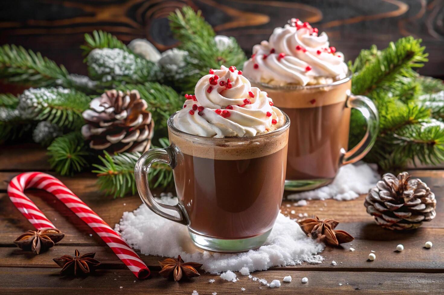 Two hot chocolate mugs with whipped cream and candy canes on a rustic wooden table photo