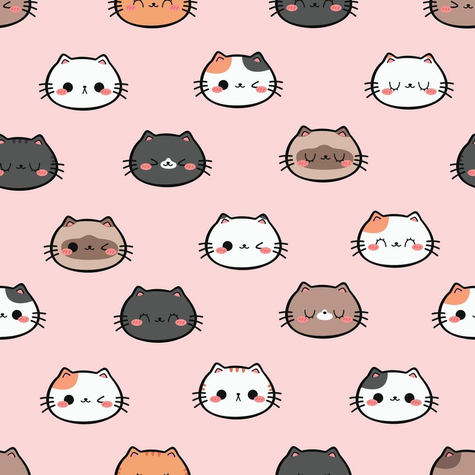 Cute Cat Cartoon Face on Pink Background Seamless Pattern, Kawaii Cat Pattern, Adorable Kitty Doodle on Pink Seamless Pattern vector