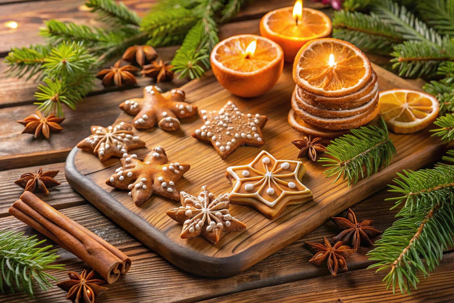 Christmas cookies and candles on a wooden table photo