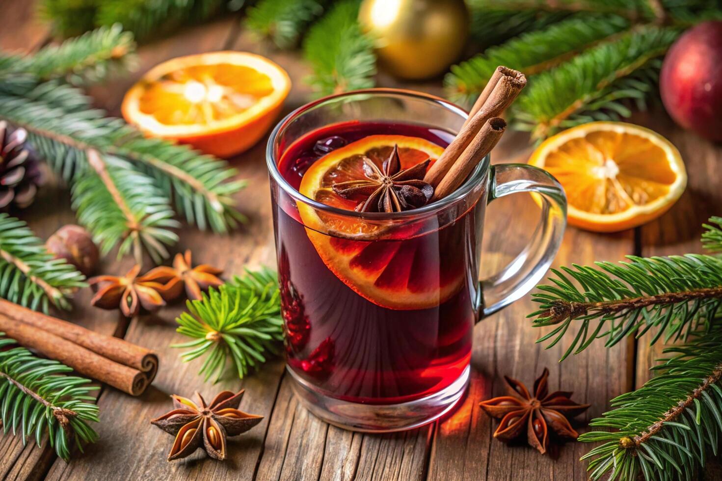 A glass of mulled wine with cinnamon, oranges and spices photo