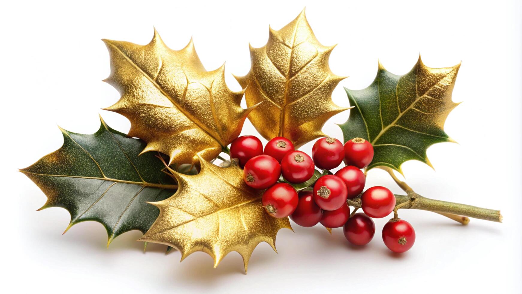 Gold Holly Berry Sprig Against a White Background photo