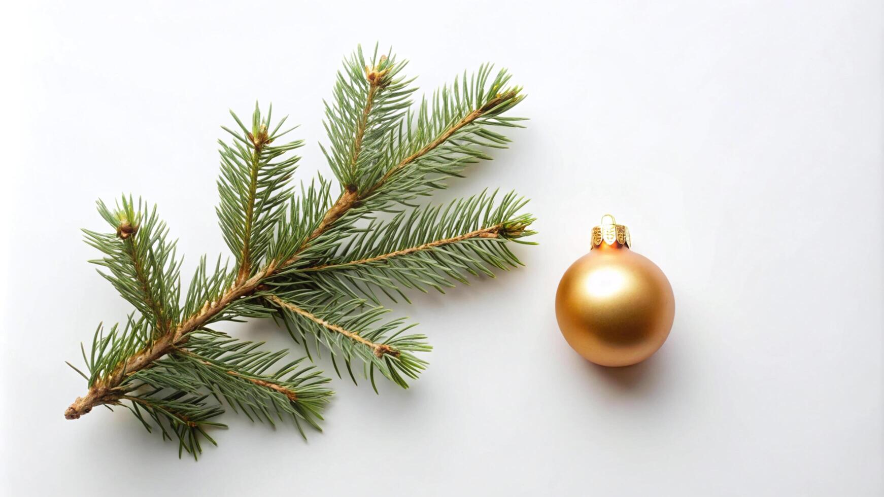 Single Pine Branch with Gold Ornament on a White Background photo