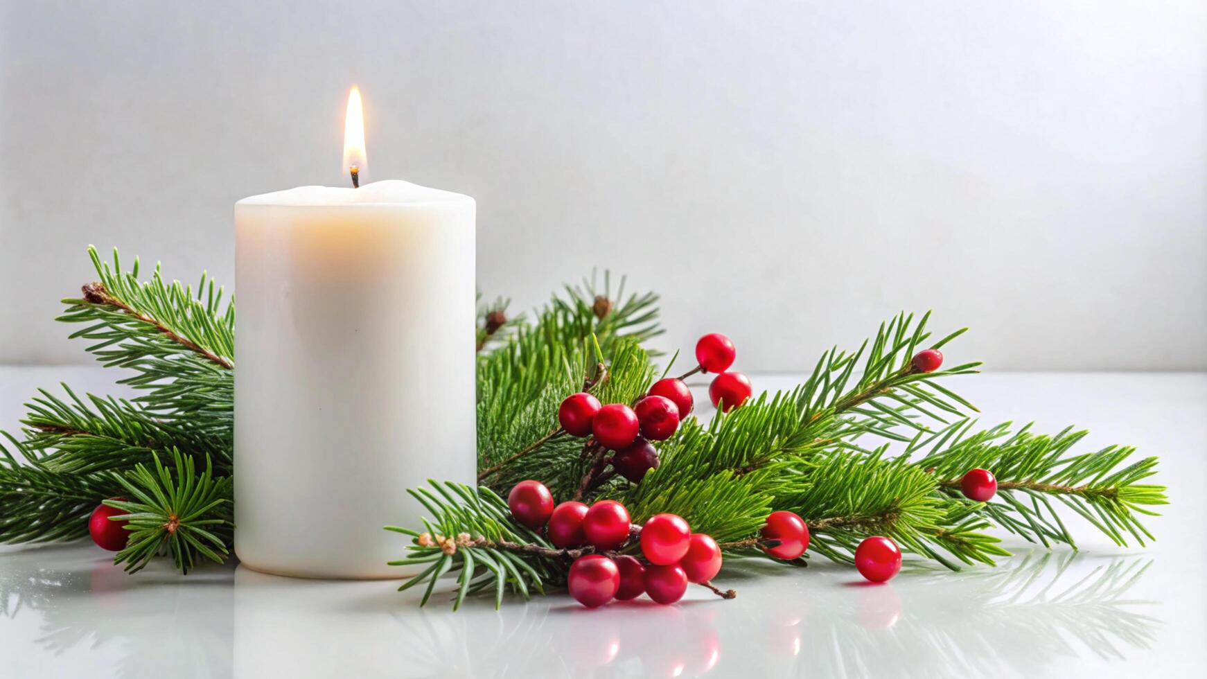 Minimalist White Candle with Red Berries and Green Pine photo