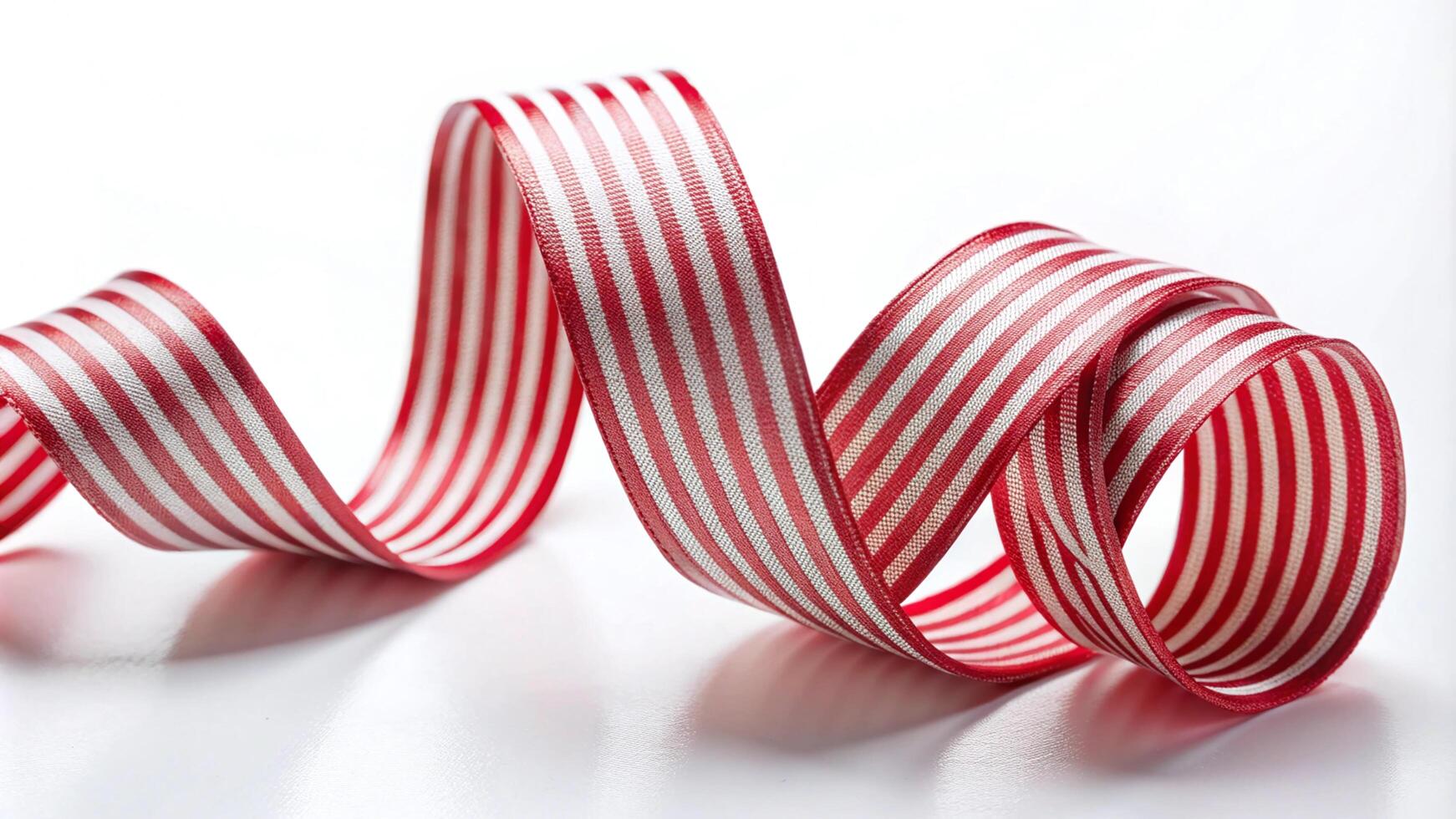 Red and White Striped Ribbon Curled on White Background photo