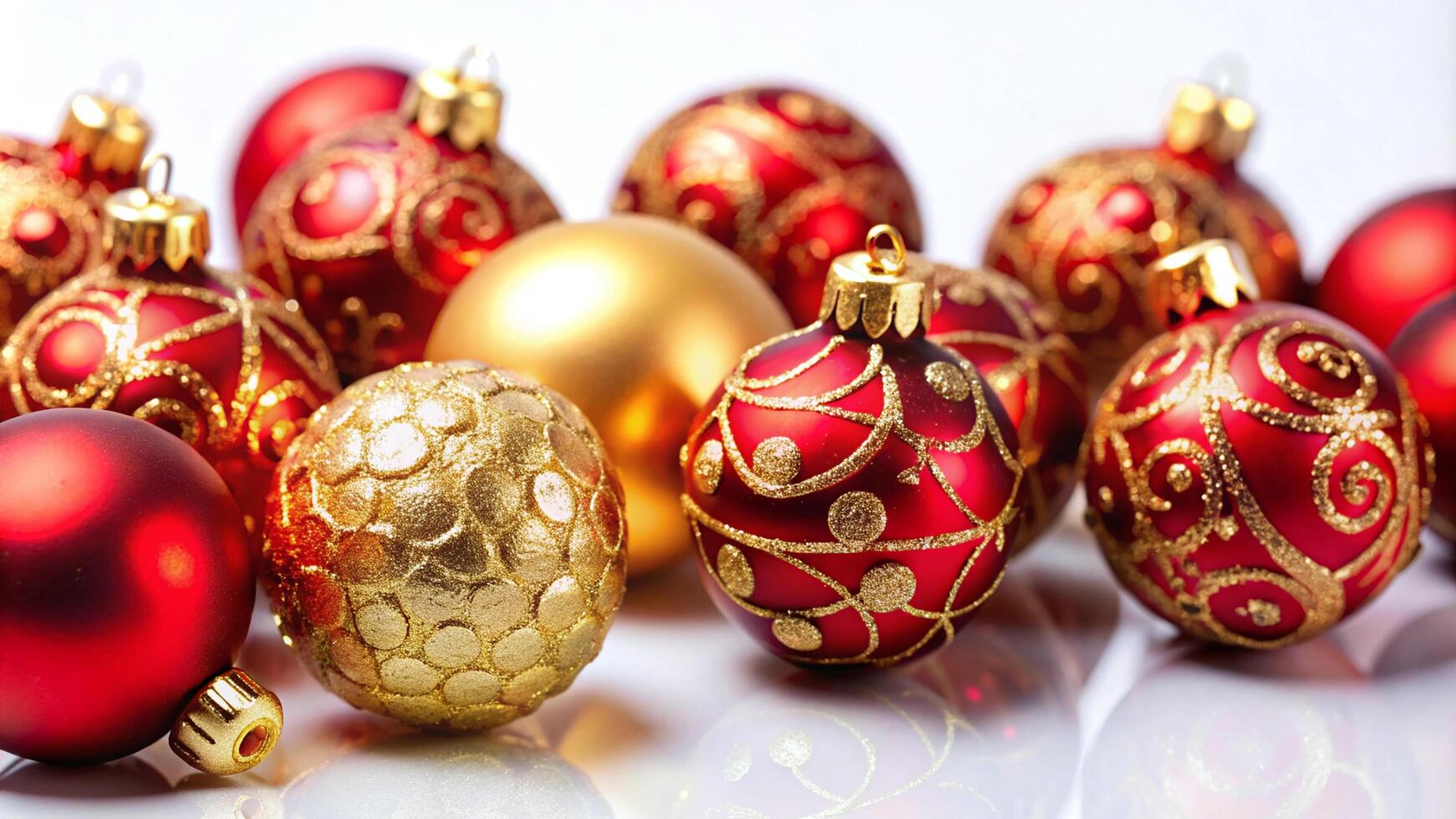 Red and Gold Christmas Ornaments on White Background photo