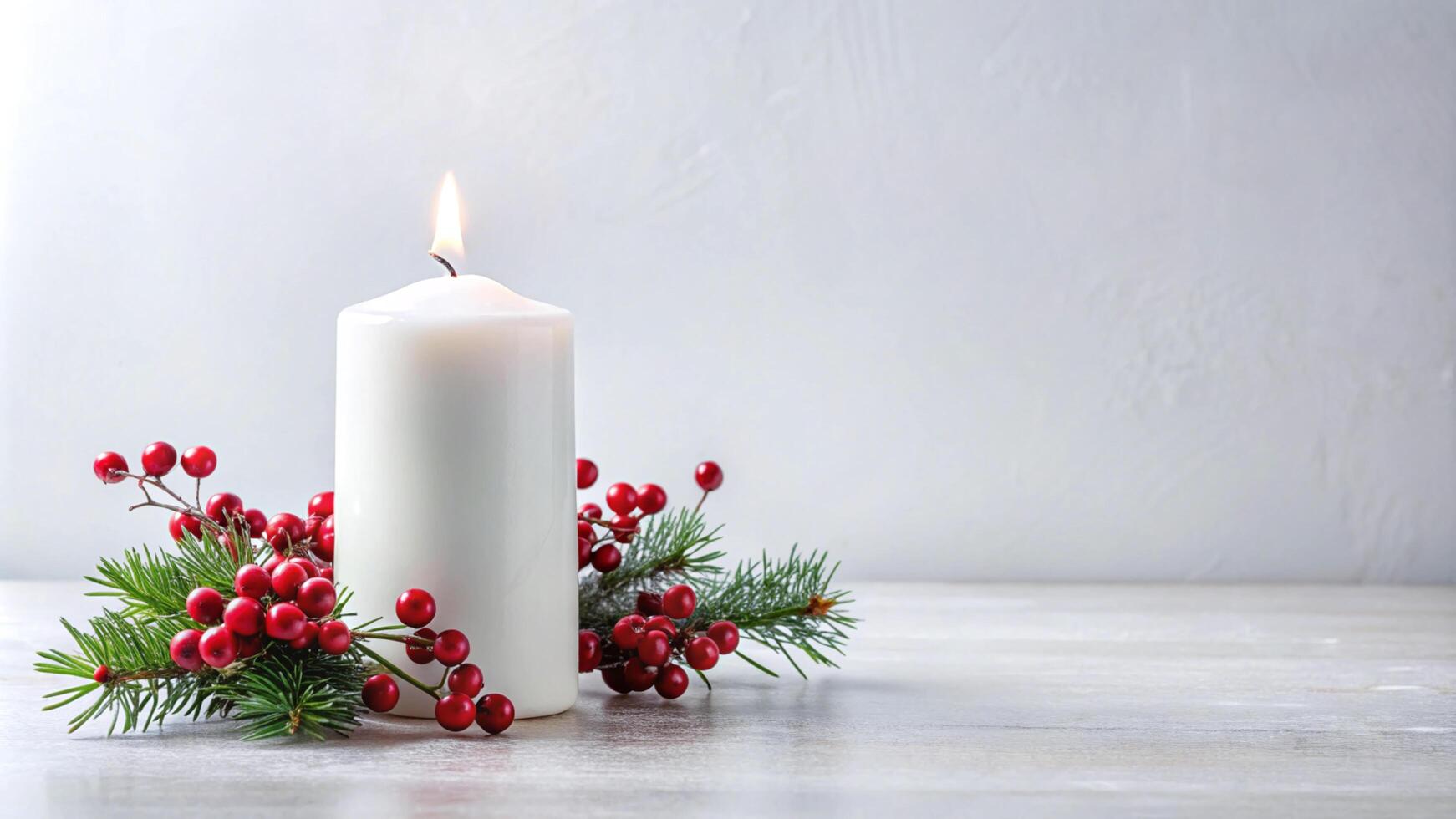 Single White Candle on White Background with Red Berries photo