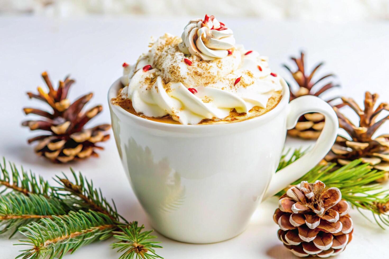 A cup of hot chocolate with whipped cream and pine cones photo