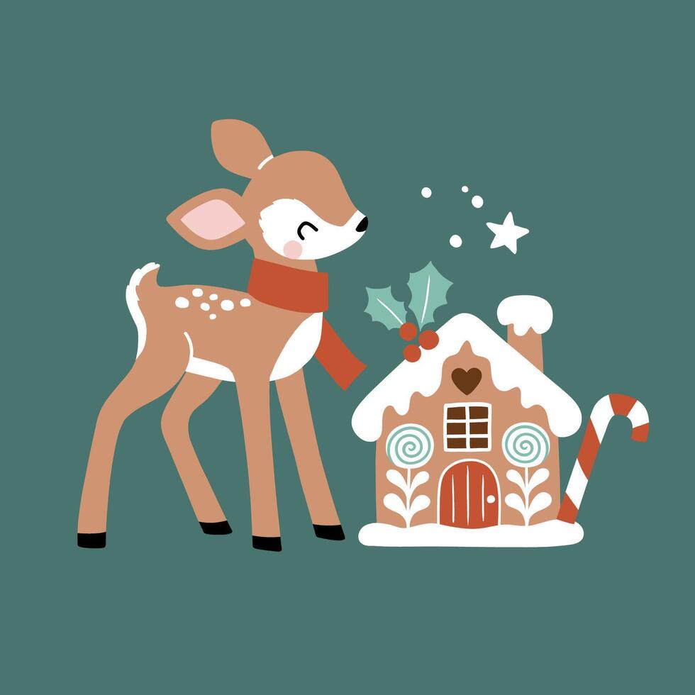 Cute hand drawn Christmas deer with gingerbread house. Perfect for greeting card, poster, invitation or nursery print design. vector