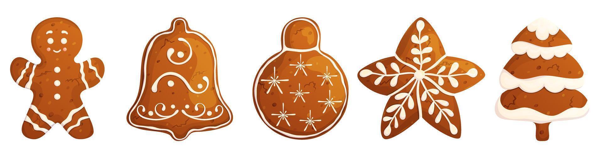 Gingerbread cookie set isolated on white. Happy holidays elements collection. Star, Christmas tree, bell, ball, gingerbread man traditional sweet pastry. vector