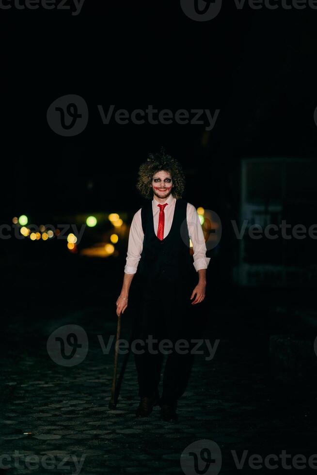 A mysterious figure, disguised as an assassin in a suit with wild hair, wields a menacing axe, embodying the very essence of fear and danger photo