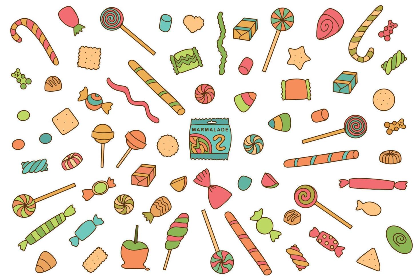 Hand drawn set of sweets and candies. Coffeet, marmalade, lollipops, cookie in doodle style. Sweet food. vector