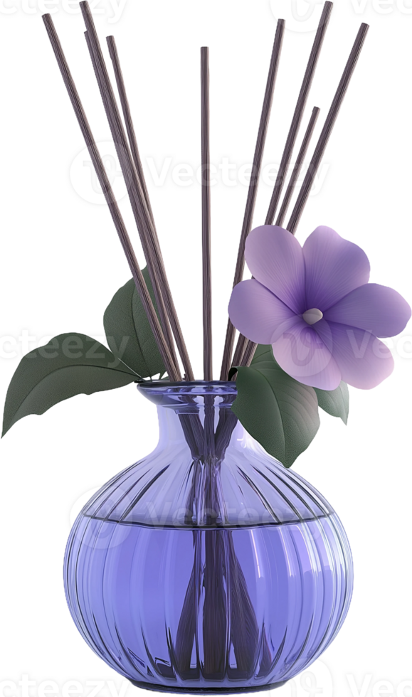 A vase with sticks of incense and purple flowers png