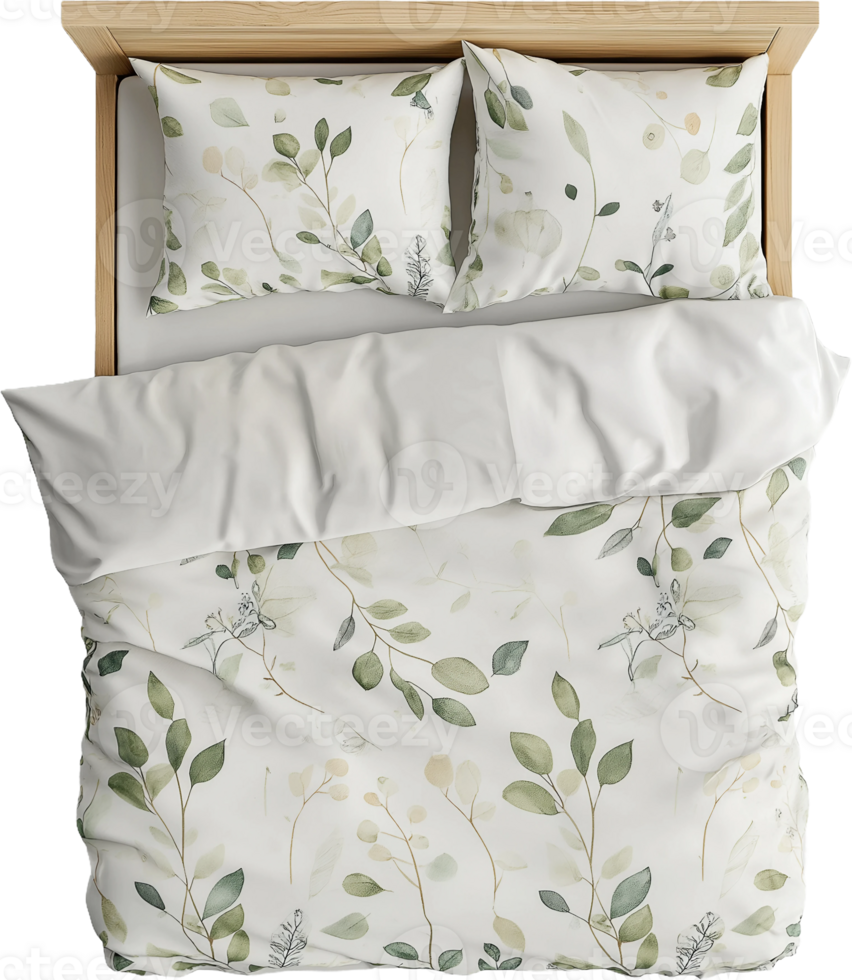 A bed with white and green leaves on it png