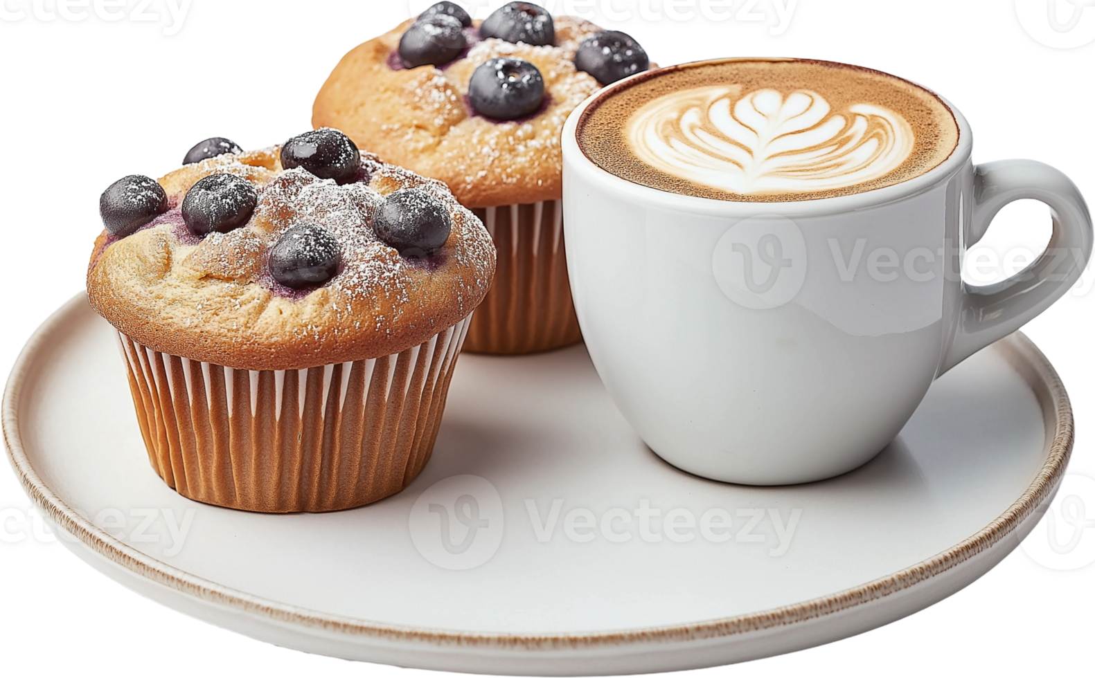 A cup of coffee and two muffins on a plate png