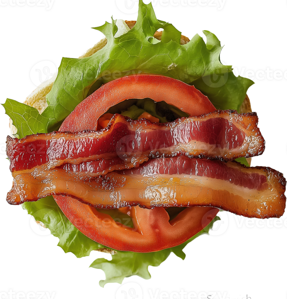 A close up of a bacon sandwich with lettuce and tomato png