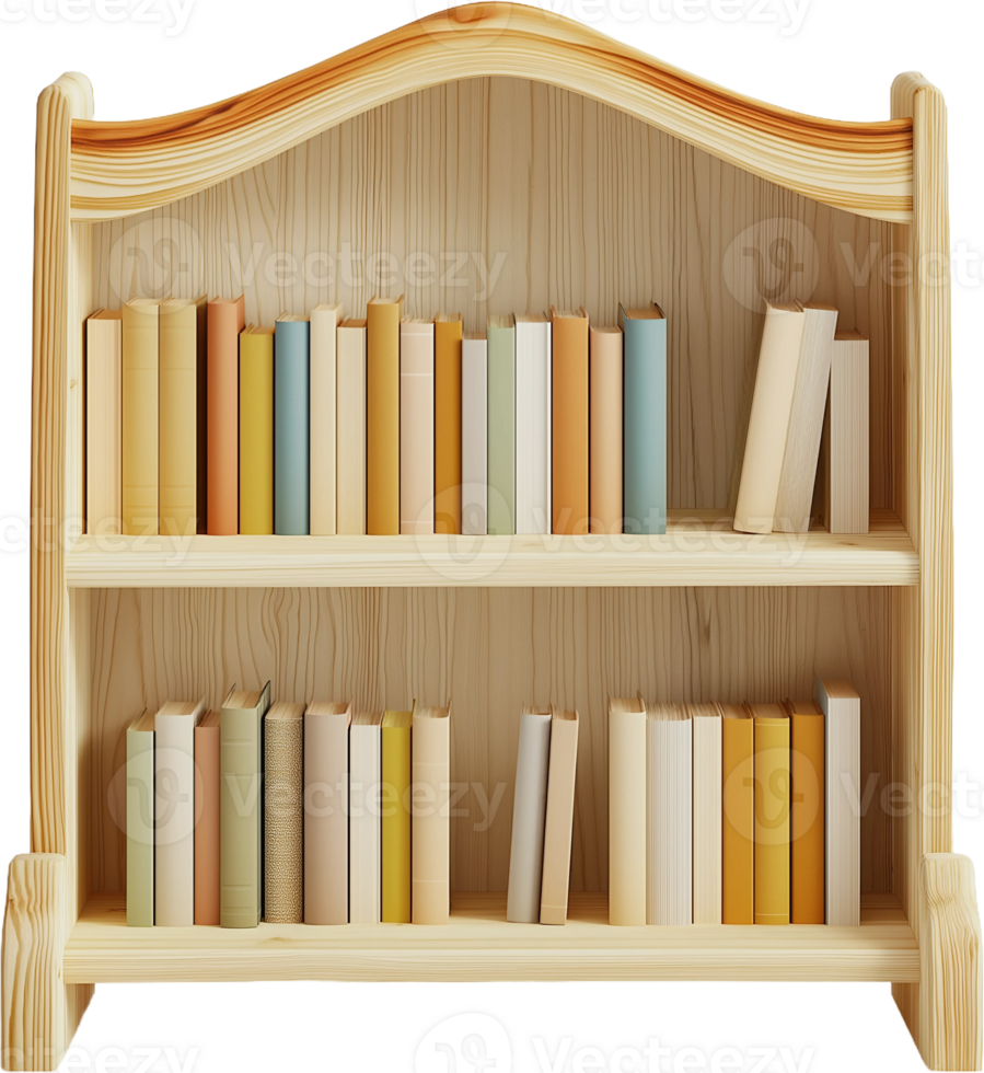 A wooden bookcase with books on it png