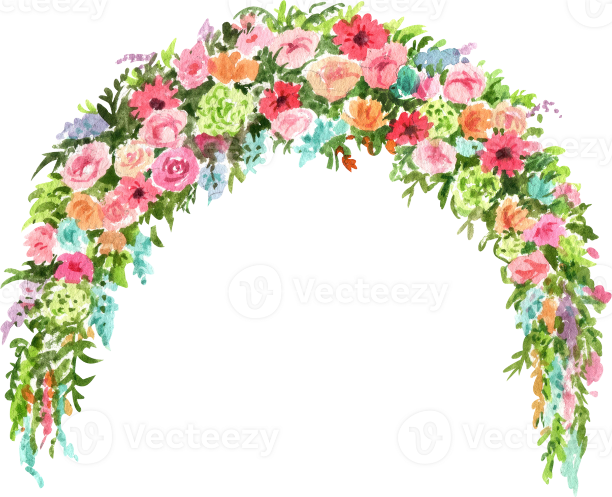 Handdrawn Watercolor Archway of Various Colorful Flowers png
