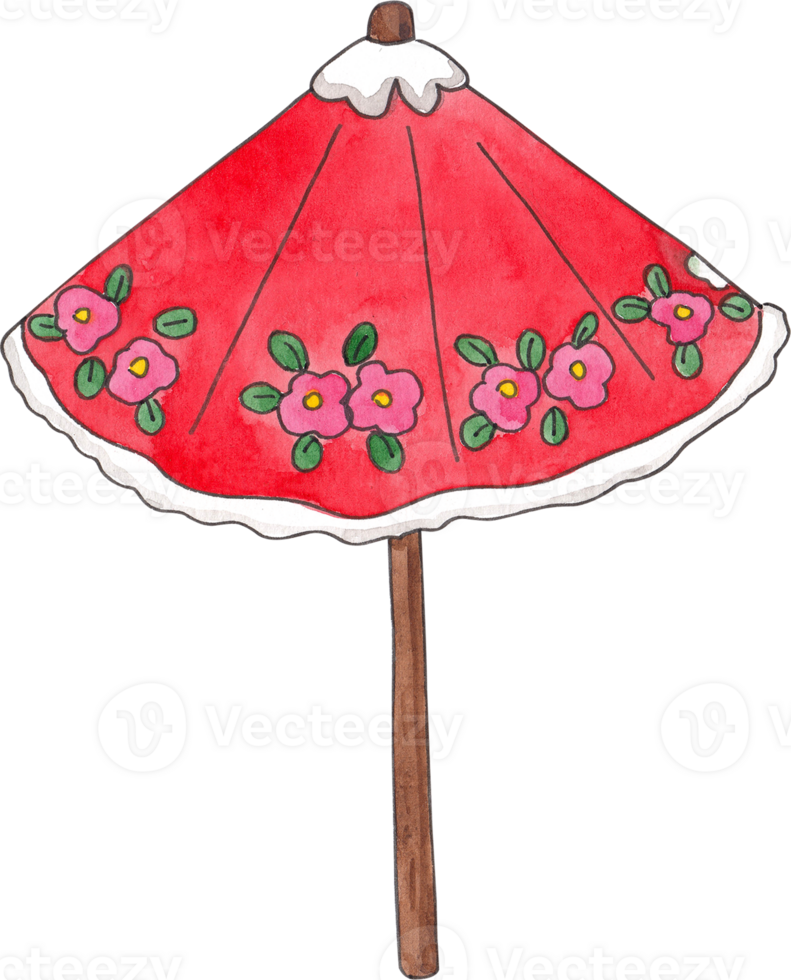 Red Umbrella with Floral Pattern, hand-drawn watercolor illustration png