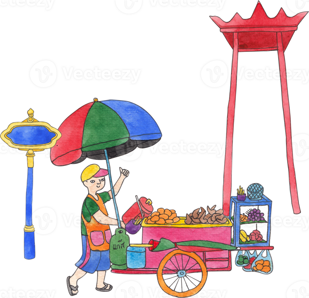 food vendor and red swing post in thailand, hand-drawn watercolor illustration png