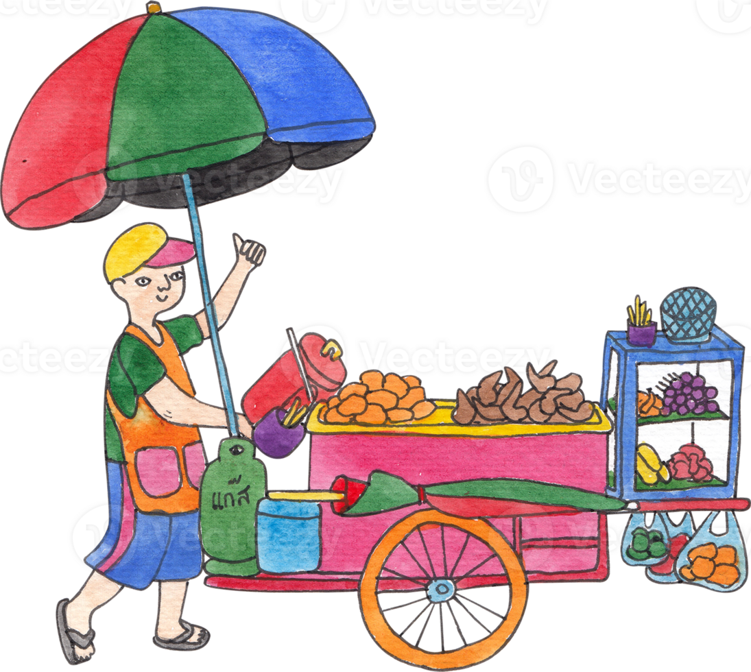 Food Vendor Pushing, Food Cart, Thai Street Food, hand-drawn watercolor illustration png