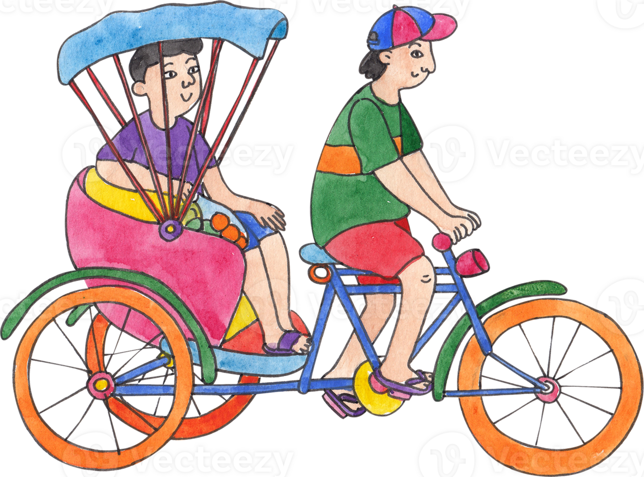 pedicab with passengers, hand-drawn watercolor illustration png