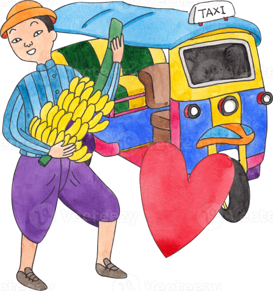 tuk-tuk and a man holding a banana, hand-drawn watercolor illustration png