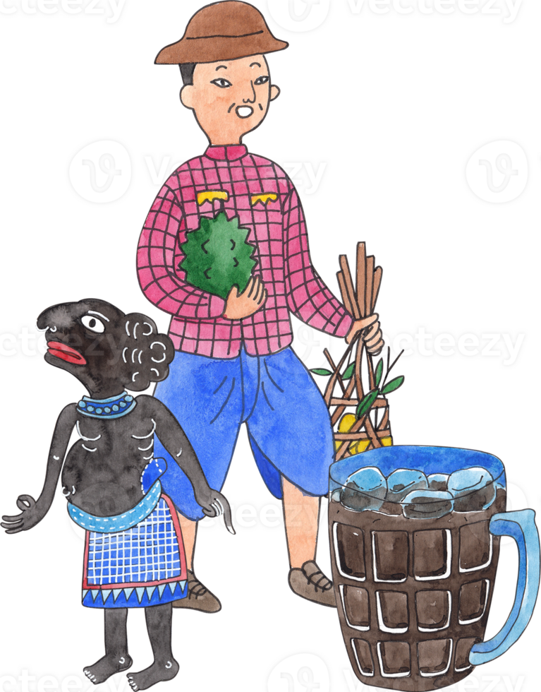 ai tang shadow puppet, a man with a fruit basket, and o-liang drink, hand-drawn watercolor illustration png