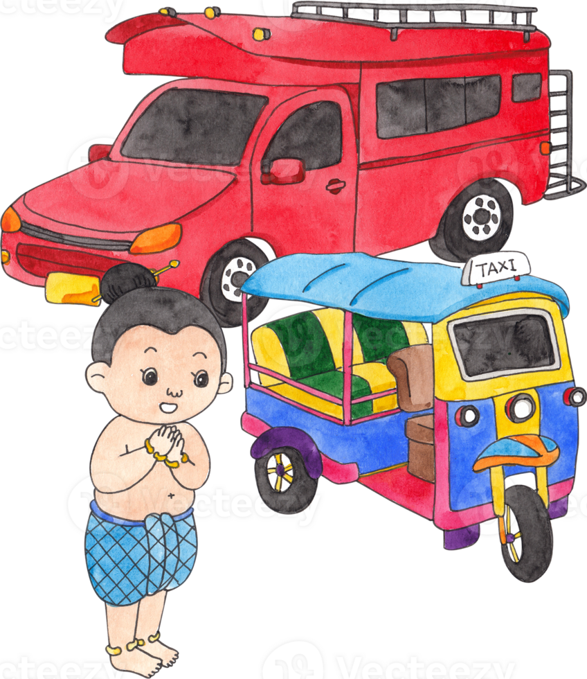 chiang mai's red bus, tuk-tuk, and a boy in traditional clothing, hand-drawn watercolor illustration png