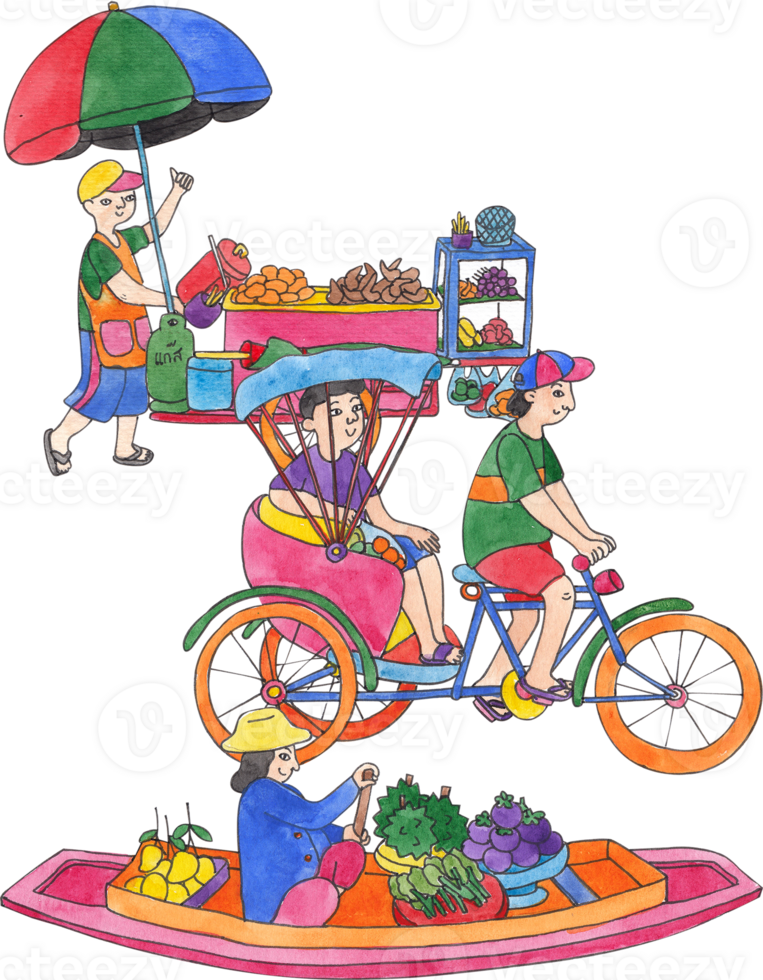 pedicab, food vendor pushing a cart, and woman paddling boat, hand-drawn watercolor illustration png