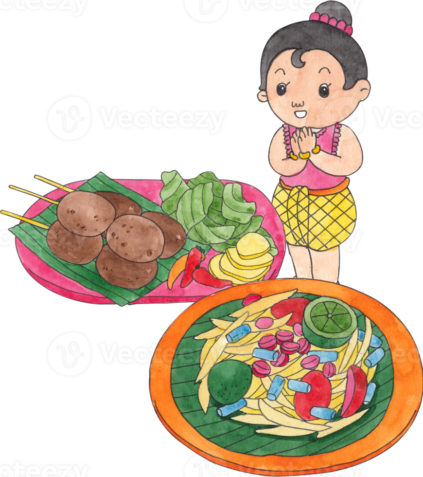 thai papaya salad, isan-style sausage, and a girl in traditional clothing, hand-drawn watercolor illustration png