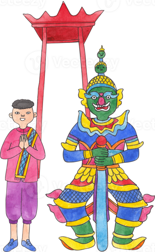 a red swing post, a giant in traditional attire, and a man greeting, hand-drawn watercolor illustration png