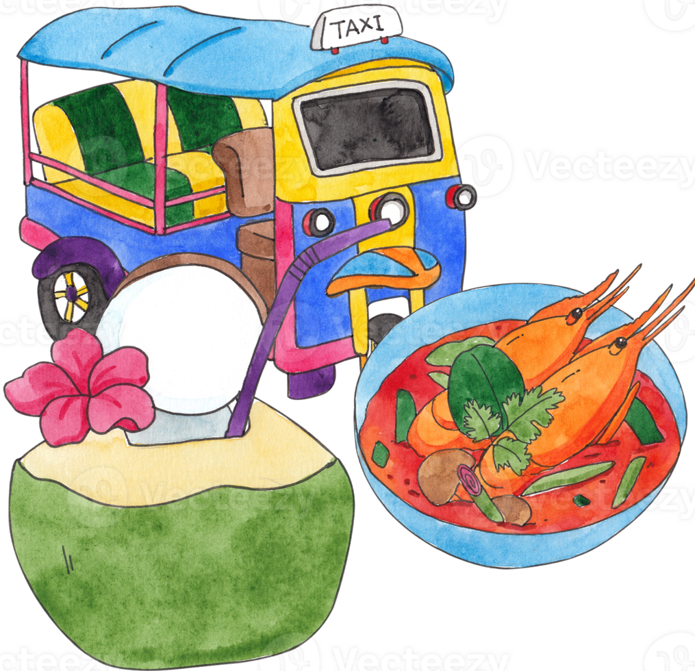tuk-tuk, tom yum goong, and coconut with red flower, hand-drawn watercolor illustration png