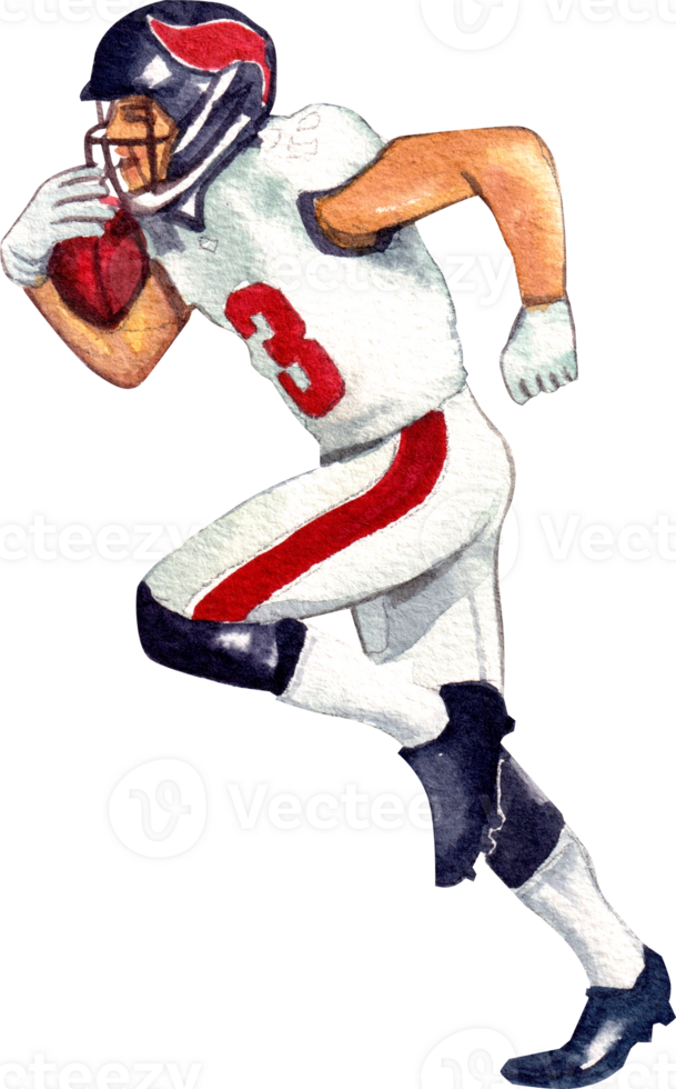 Rugby player in a white and red uniform holding a rugby ball while running, hand-drawn watercolor painting illustration png