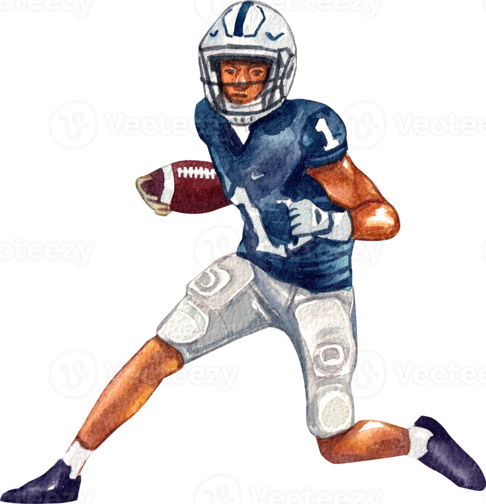 Rugby player in a blue uniform holding a rugby ball while running, hand-drawn watercolor painting illustration png