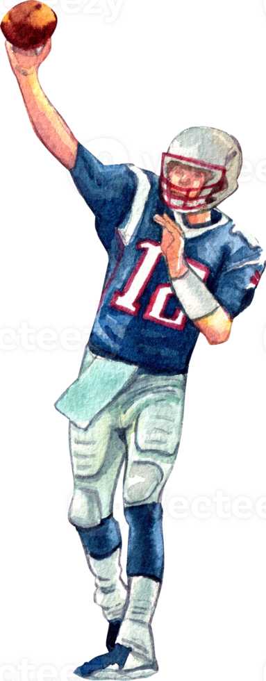 Rugby player in a blue sports uniform catching a rugby ball, hand-drawn watercolor painting illustration png