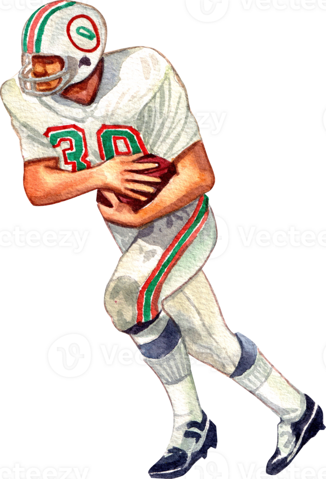 Rugby player in a white uniform holding a rugby ball while running, hand-drawn watercolor painting illustration png