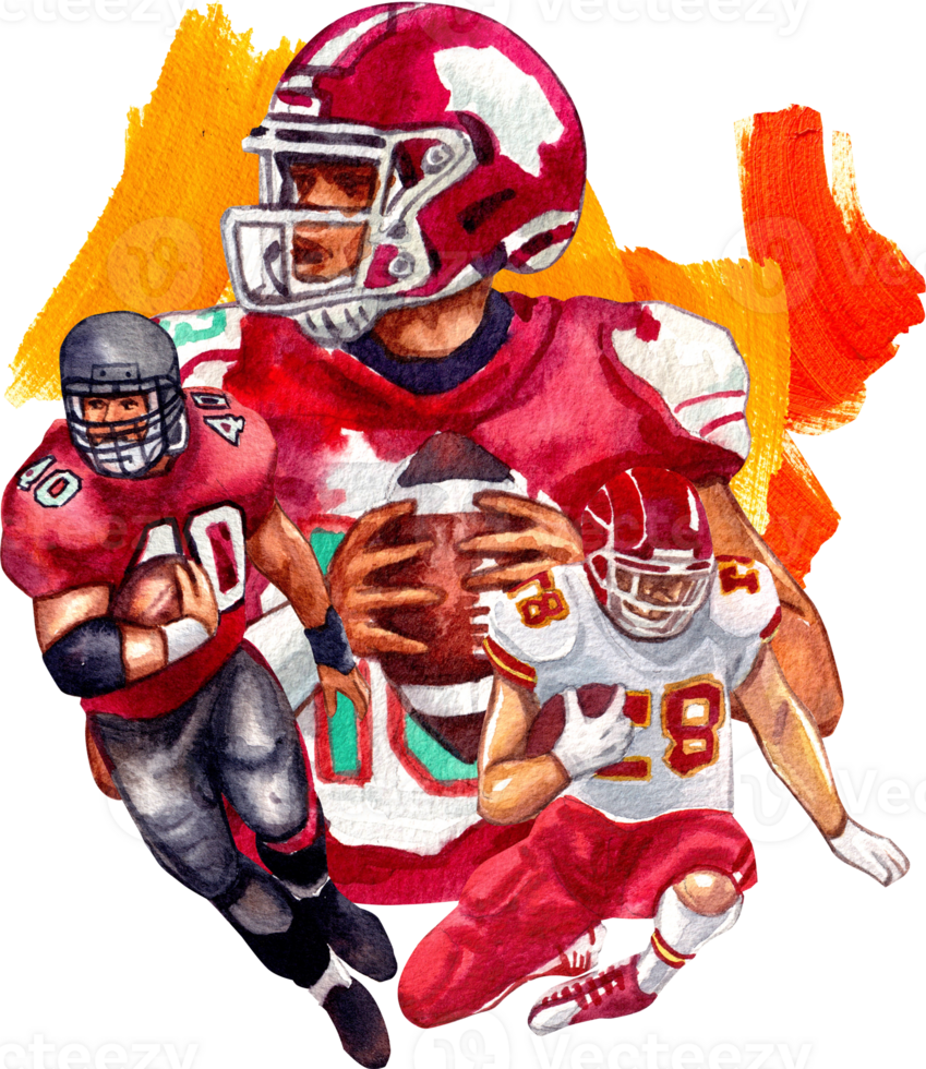 The red-clad American football player is about to pass the ball. Another is running to carry the ball. Another is sliding to score., hand-drawn watercolor painting illustration png
