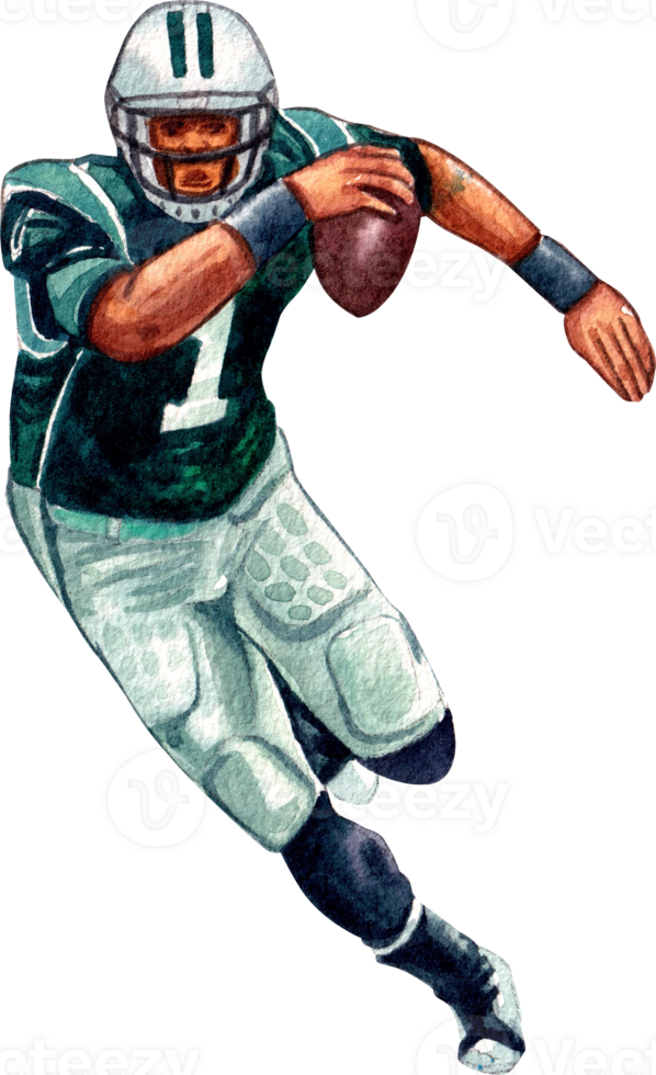 Rugby player in a green uniform holding a rugby ball while running, hand-drawn watercolor painting illustration png